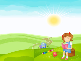Girl sitting hill reading book - storybook illustration free wallpaper