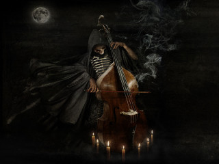 Skeleton cello dark room candles - a full moon behind free wallpaper
