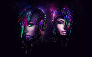 Neon hair headphones women faces - cyberpunk style free wallpaper