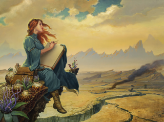 Woman sitting suitcase desert mountains - donato giancola free wallpaper