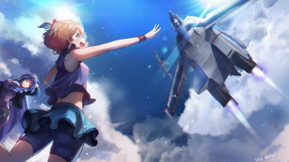 Blue dress girl flying jet - a purple dress free wallpaper for desktop