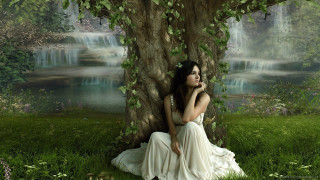 Woman sitting under tree field - a waterfall in the background free wallpaper