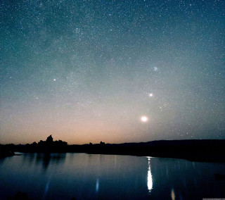 Lake stars sky buildings reflection - free stars wallpaper for tablet