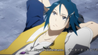 Blue hair yellow vest man - cel free wallpaper