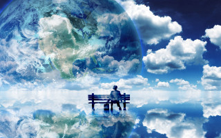 Man bench blue sky clouds - large free wallpaper for desktop