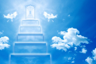 Stairway bright blue sky clouds - a white door free wallpaper
