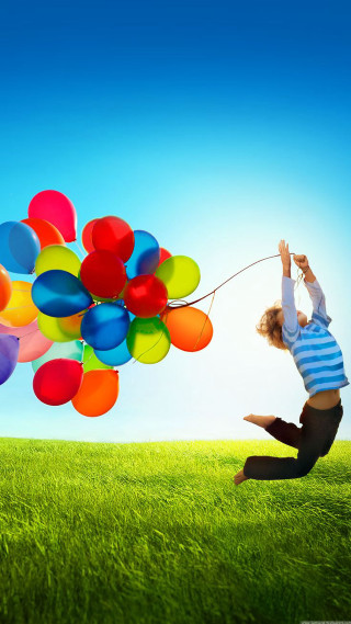 Boy flying balloons air string 3 - free happy birthday wallpaper for mobile