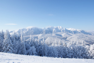 Snowy mountain trees sky clouds - tree and a sky background free wallpaper