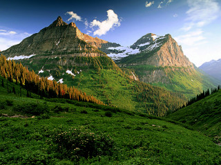 Mountain range trees clouds stream - beautiful landscape free wallpaper