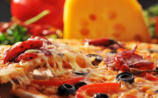 Pizza cheese olives tomatoes slice - and cheese free wallpaper