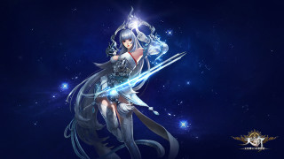 Woman holding sword stars blue - splash art free wallpaper