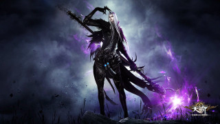 Woman sword dark background purple - epic fantasy character art free wallpaper for desktop