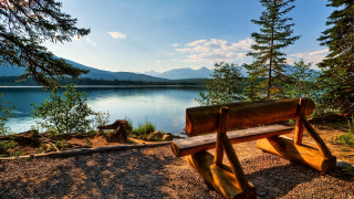 Bench lake mountains blue sky 2 - free summer wallpaper