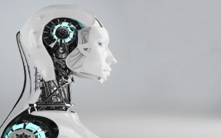 Futuristic robot face head design - blue light free wallpaper
