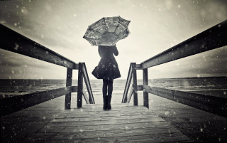 Woman pier umbrella rain ocean - the ocean in the background free wallpaper
