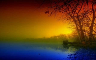 Sunset lake trees boat water - the background and a boat free wallpaper for desktop