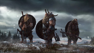 Viking men horned helmets walking - horn free wallpaper