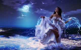 Woman ocean fullmoon birds dreamlike 2 - dreamlike free wallpaper
