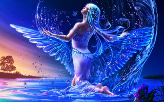 Woman water wings flying above - fantasy artwork free wallpaper