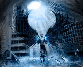 Man with wings in city - dark fantasy art free wallpaper