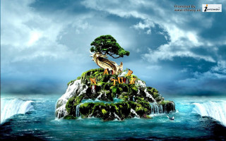 Small island tree waterfall ocean 2 - fantasy artwork free wallpaper