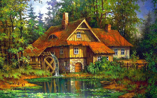 House woods pond boat painting - edward lamson henry free wallpaper