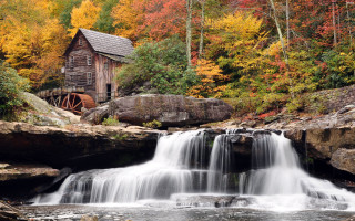Waterfall wooden building autumn leaves 2 - alson s. clark free wallpaper