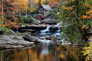 Small waterfall forest wooden building - the center free wallpaper for desktop