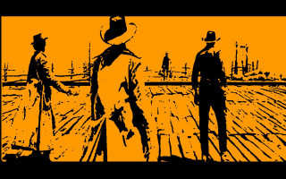 Men standing wooden floor yellow - western comic book art free wallpaper