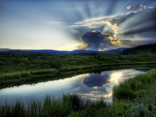 River sky clouds sunrays grass 3 - crepuscular free wallpaper for desktop