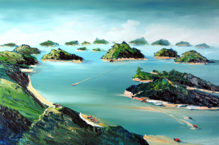 Islands ocean sky blue clouds - canvas painting free wallpaper