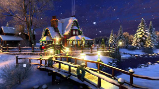 Snowy night bridge house lights - a snowy night free wallpaper