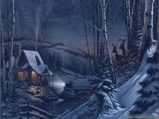 Cabin woods night full moon - a painting of a cabin free wallpaper