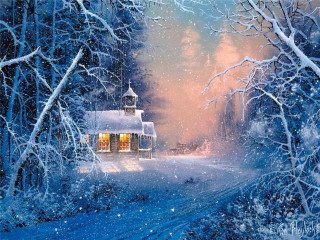 Snowy scene house trees road - a house and trees free wallpaper