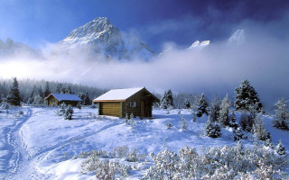 Cabin snowy mountain range background - bob thompson free wallpaper