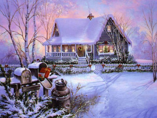 House snow mailbox foreground painting - edward lamson henry free wallpaper