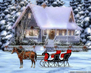 Horse drawn sleigh house snow - a horse free wallpaper