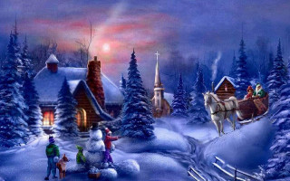 Snowy village sleigh snowman painting - naive free wallpaper