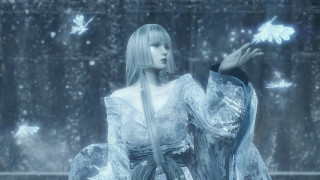 Woman white dress holding butterfly 2 - her hand and a butterfly free wallpaper