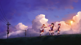Anime girls hill clouds sun - beautiful scene free wallpaper