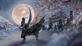 Woman swords crowd snow full - a full moon in the background free wallpaper for desktop