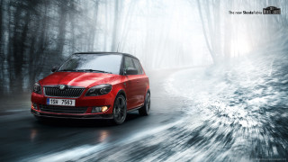 Red car driving woods fog - a foggy background free wallpaper
