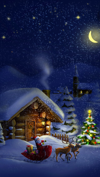 Christmas santa sleigh house tree - a christmas scene free wallpaper for mobile