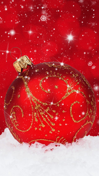 Red ornament gold ribbon snow - free christmas wallpaper for mobile