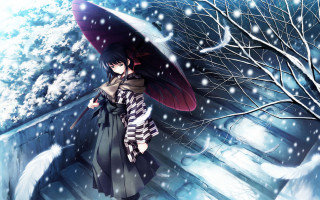 Snowy umbrella woman japanese clothes - an umbrella free wallpaper for desktop