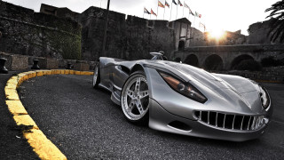 Silver sports car castle night - a street next free wallpaper