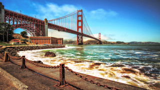 Bridge ocean waves shore building - wave free wallpaper
