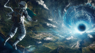Man space suit flying vortex - a black hole in the middle free wallpaper