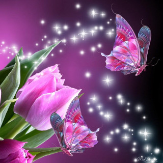 Bouquet butterflies purple background stars - free fantasy wallpaper for tablet