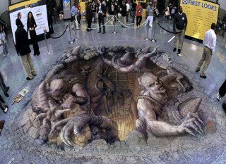 Group people giant statue mural - chalk art free wallpaper